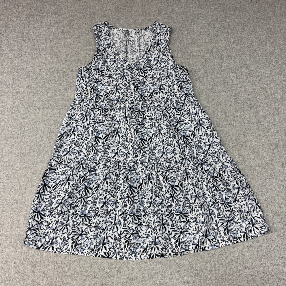 Lucky Brand Sleeveless Tiered Linen Dress XS White Blue Floral V-Neck Boho Summe